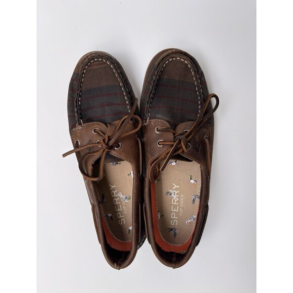 Sperry AO 2 Eye Oil Cloth Olive Plaid Mens 8.5 Boat Shoe Limited Pre-Owned
